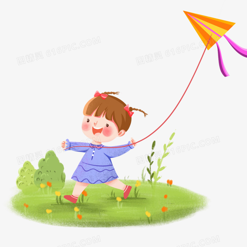 手绘卡通女孩在郊外放风筝素材