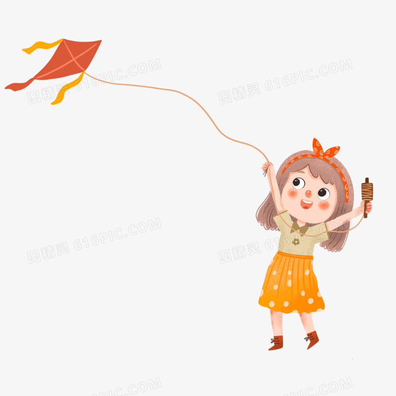 卡通手绘免抠放风筝的女孩子素材