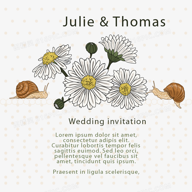 手绘菊花和蜗牛婚礼海报矢量图图片下载