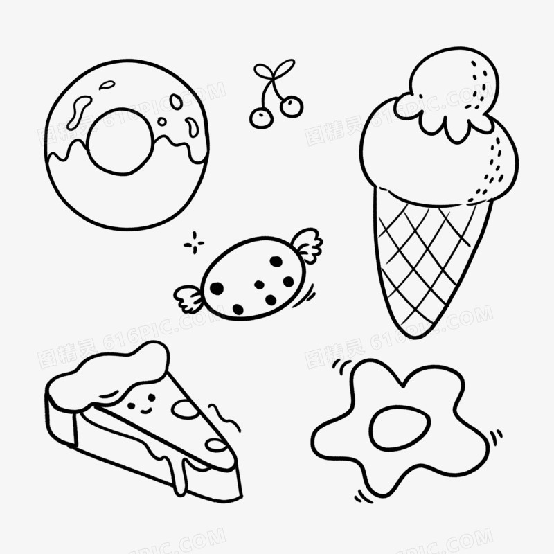 一组卡通手绘冰淇淋甜点简笔画免抠元素