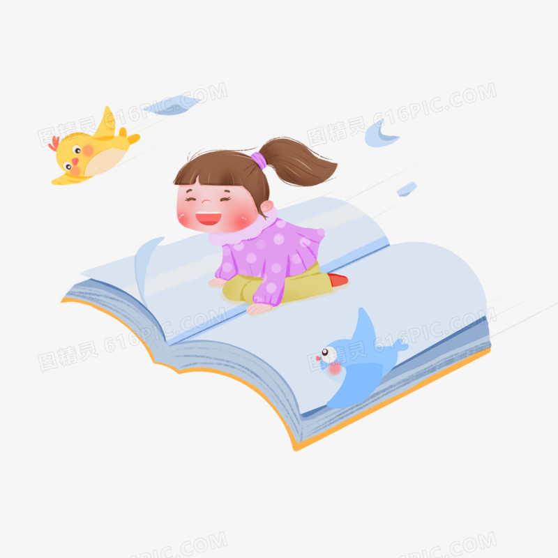 手绘卡通快乐女孩坐在书上飞行场景元素
