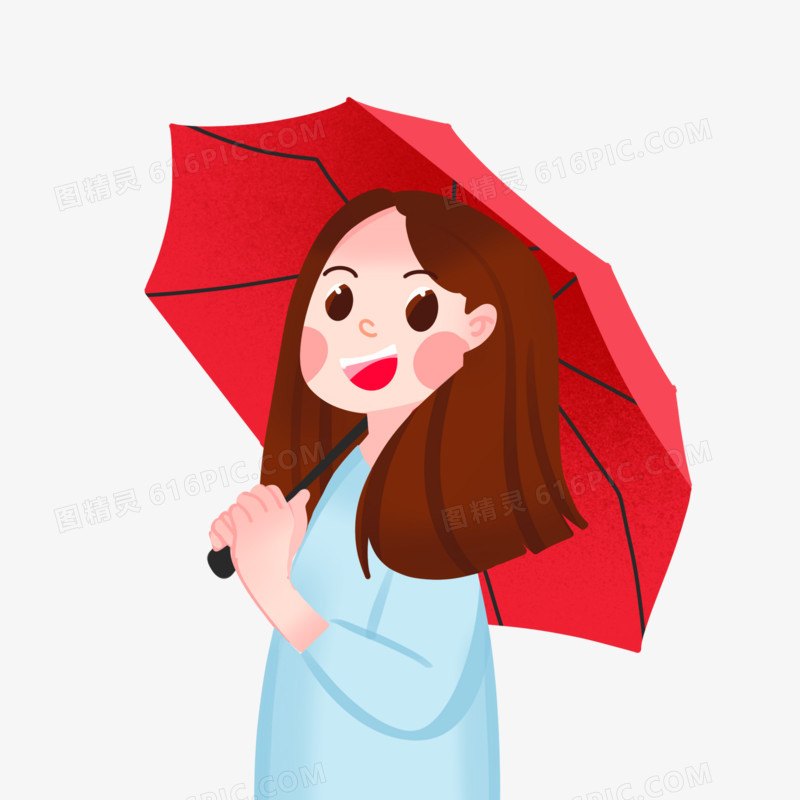 手绘卡通女孩撑伞免抠元素
