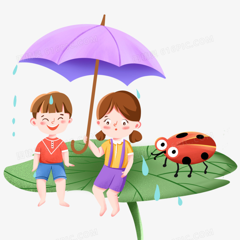手绘插画风创意儿童在雨中嬉耍打伞元素