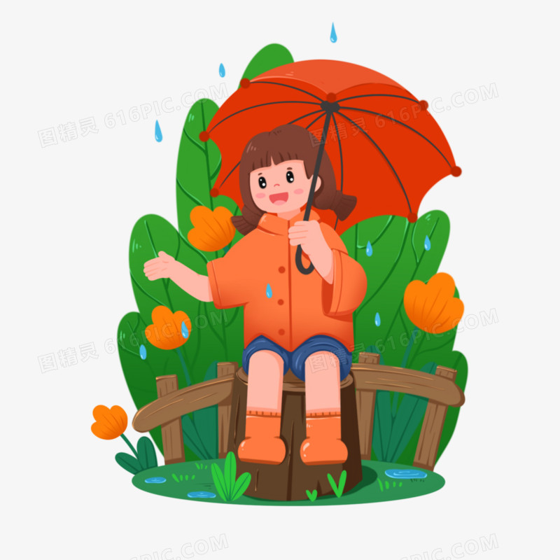 卡通手绘女孩下雨天撑伞免抠元素