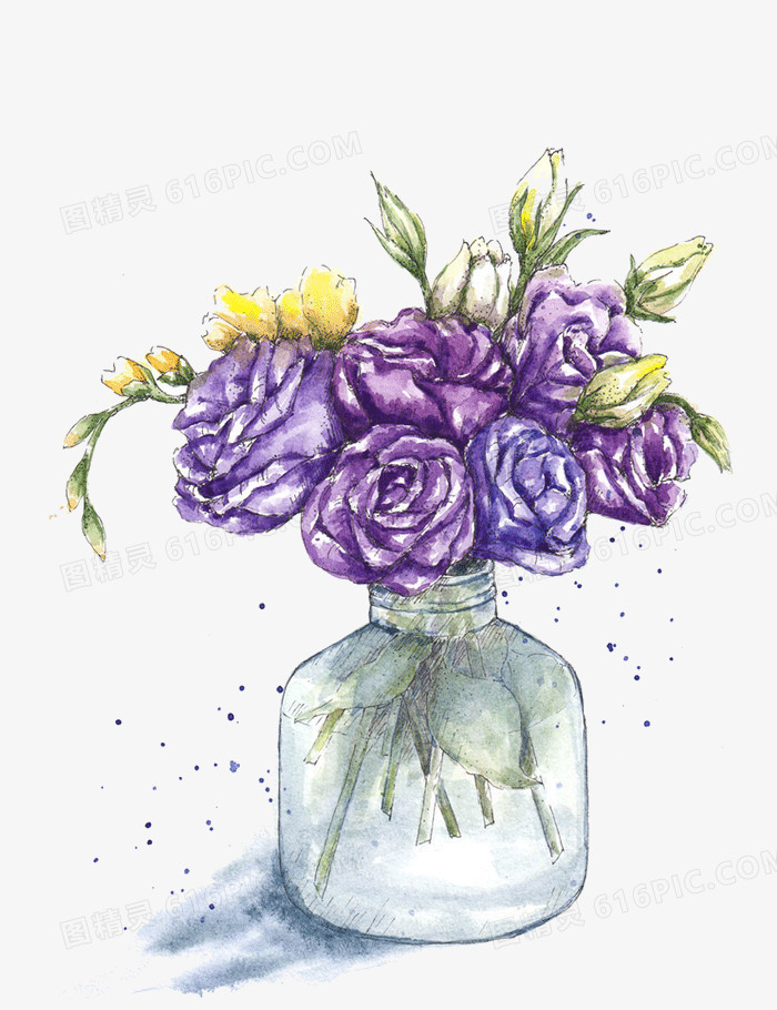 手绘花瓶中的紫色的花