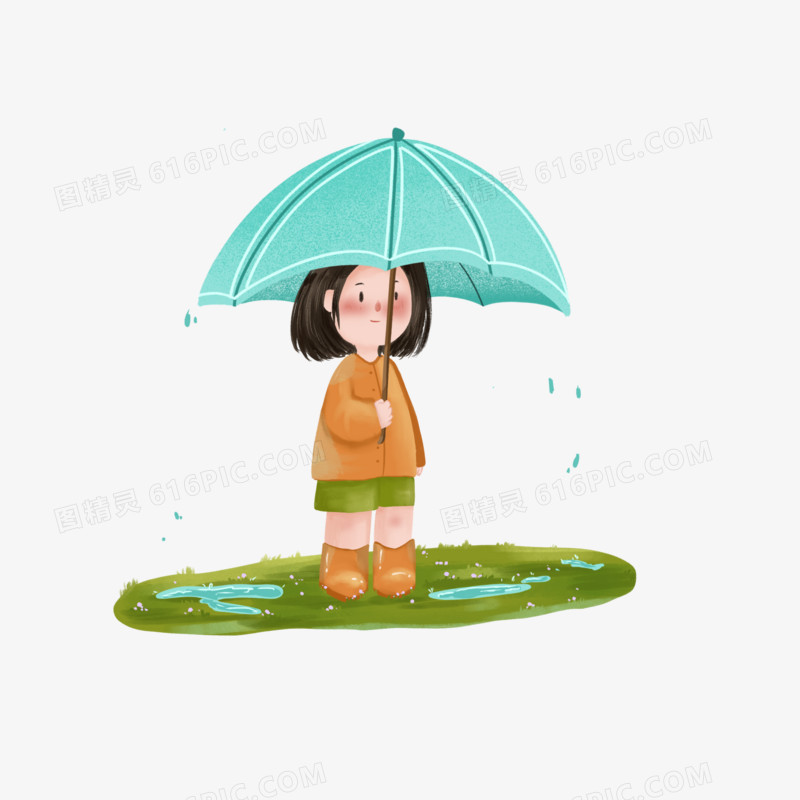 卡通手绘撑伞的小女孩免抠元素
