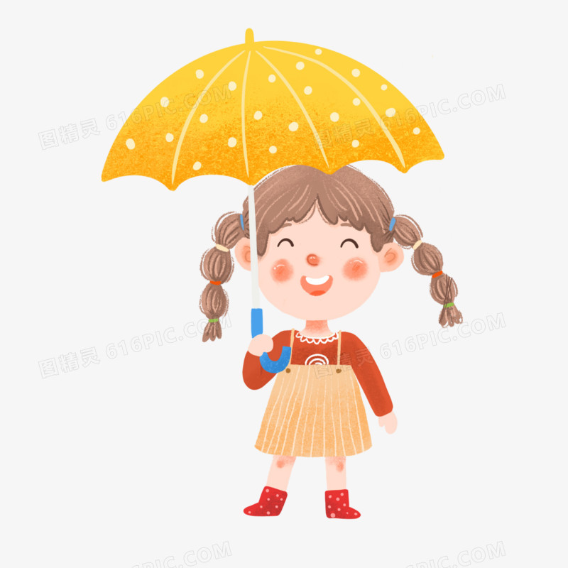 卡通手绘免抠撑伞的女孩