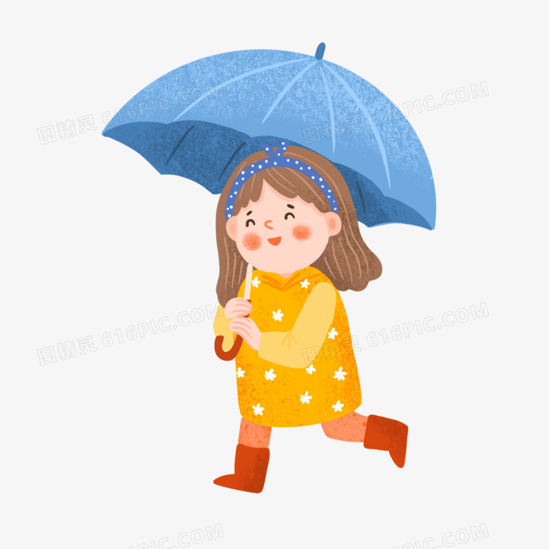 卡通手绘免抠撑伞的女孩