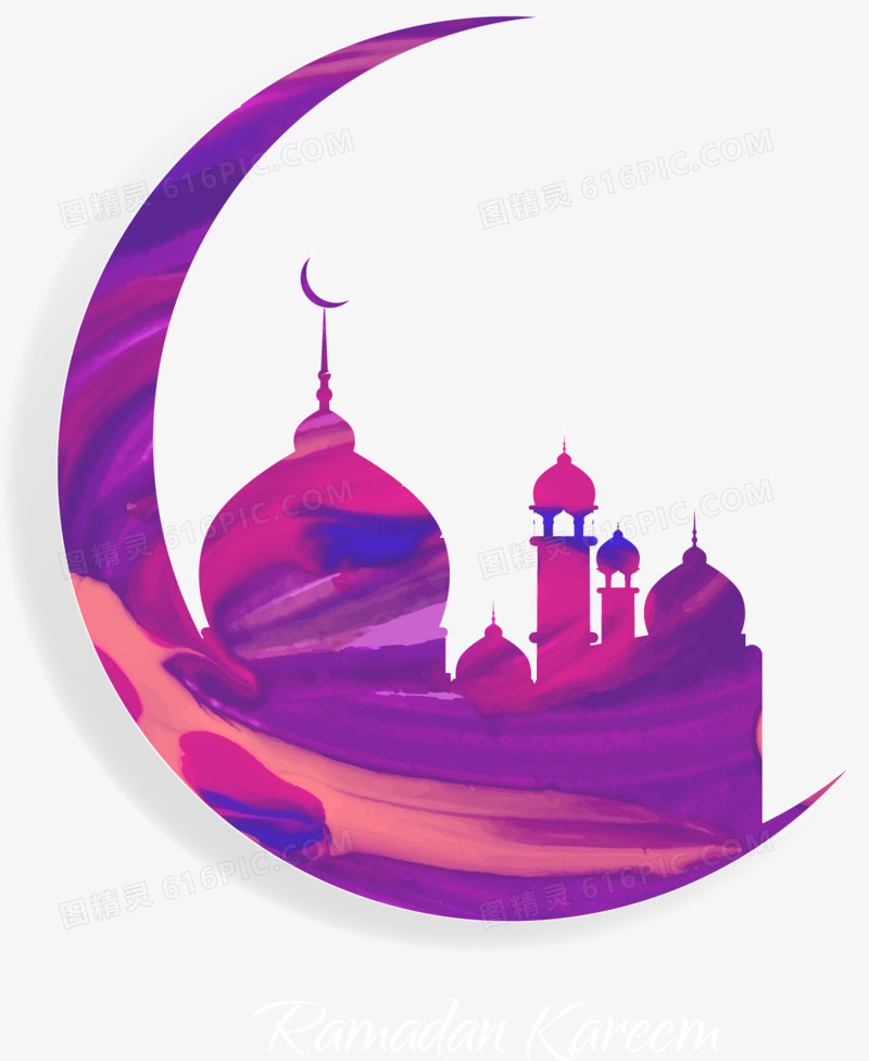 矢量手绘紫色月亮和伊斯兰教清真寺