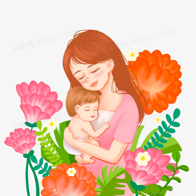 手绘插画风妈妈拥抱着孩子温馨画面场景元素