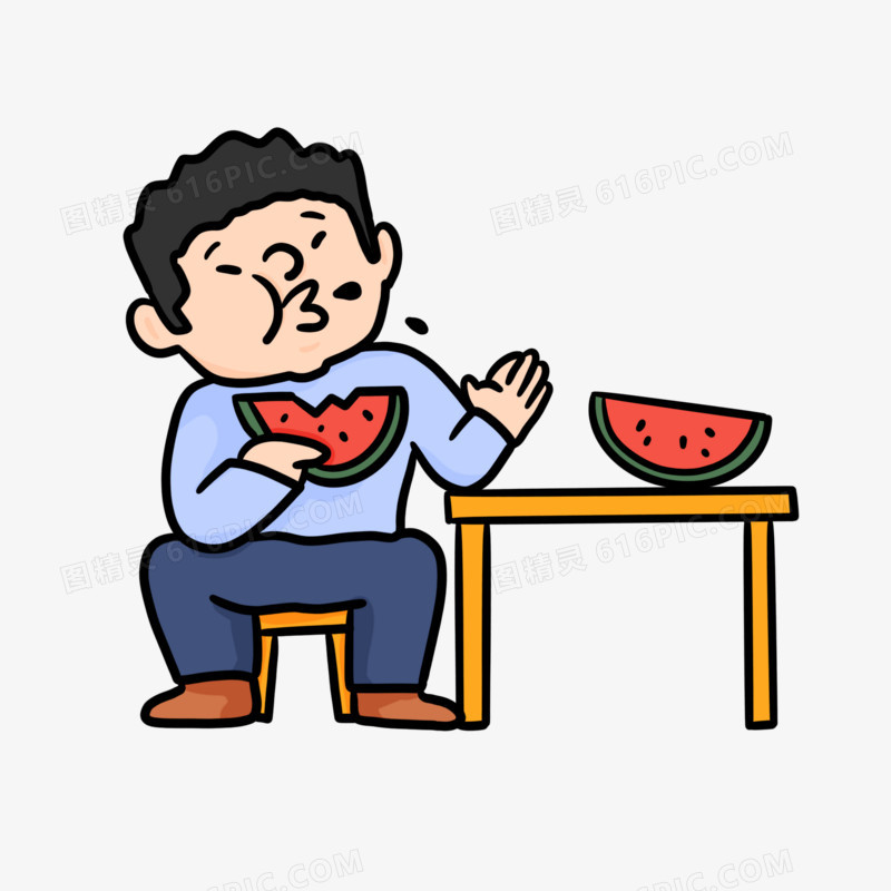 手绘卡通男人坐着吃瓜素材