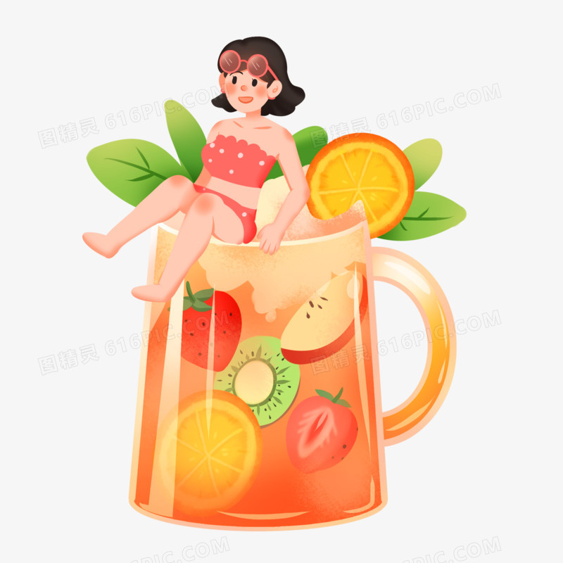 手绘卡通夏日橙汁水果饮品创意免抠素材