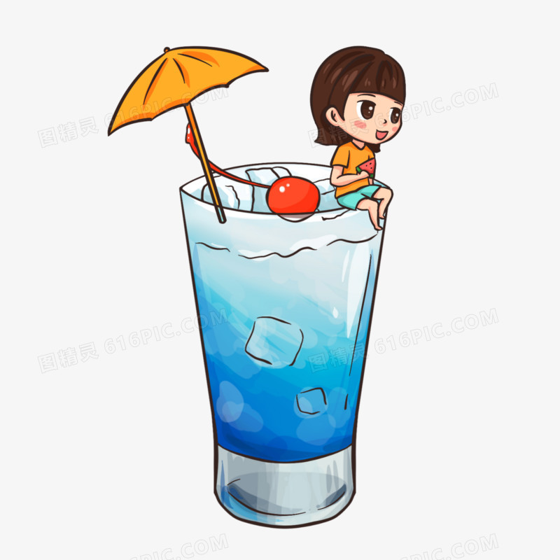 手绘卡通夏天小男孩坐在饮料杯上元素