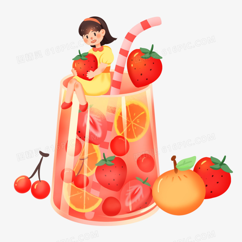 手绘夏日草莓饮品创意插画免抠素材