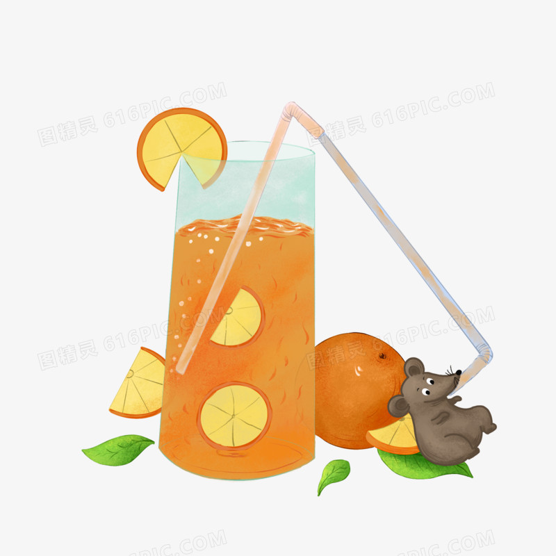 卡通手绘创意小老鼠喝橙汁冷饮素材