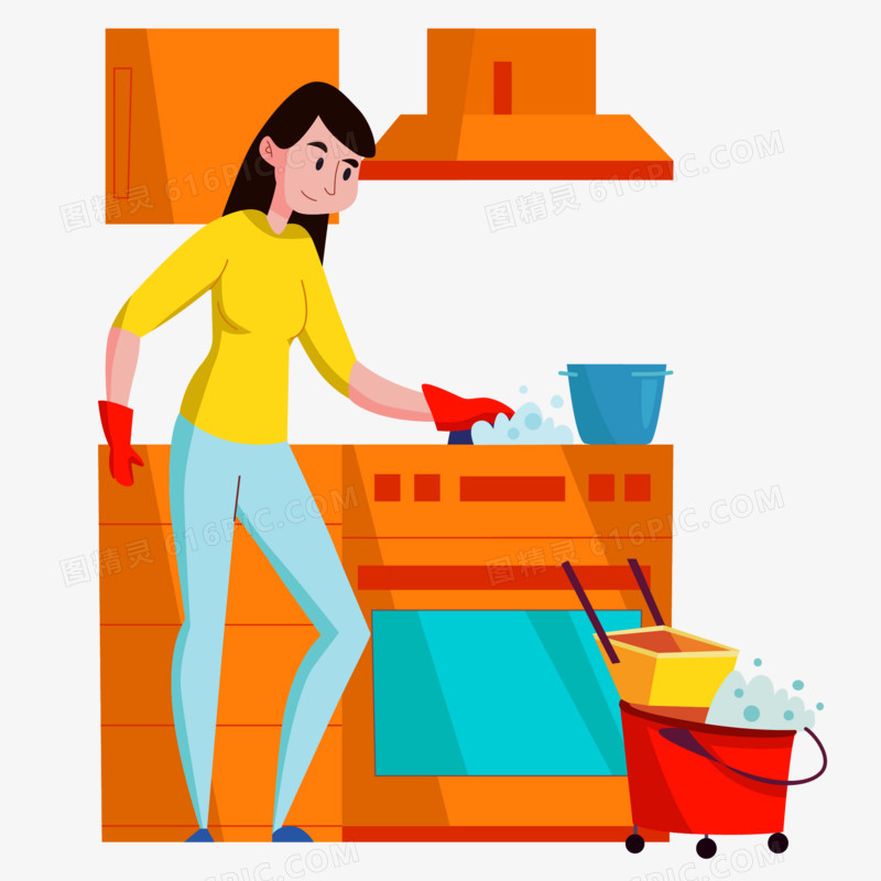 手绘家庭主妇整理打扫厨房素材
