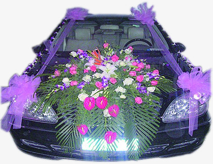 紫色彩带花朵装扮婚车