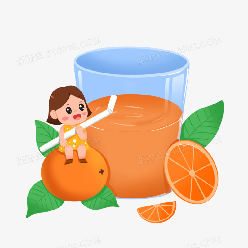 卡通手绘小女孩与夏季橙汁冷饮场景元素