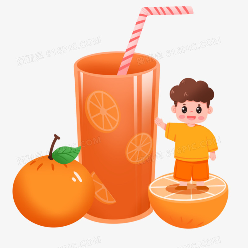 卡通手绘男孩与橙汁冷饮场景元素