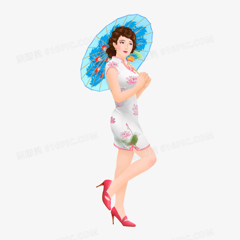 卡通手绘穿旗袍打伞的女性免抠元素