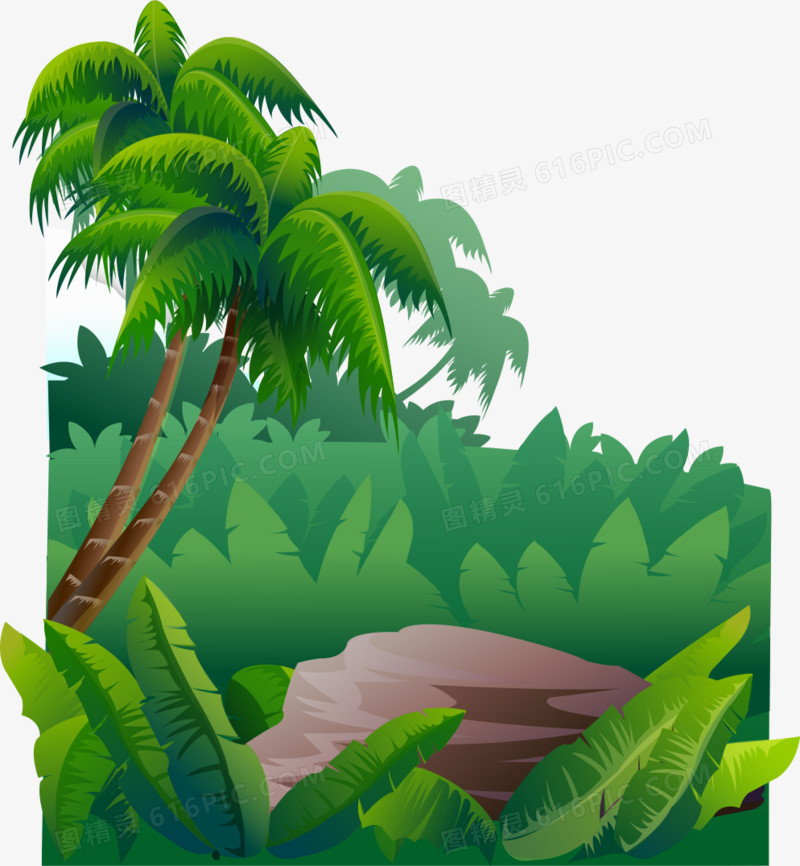 卡通手绘翠绿椰树丛林石头
