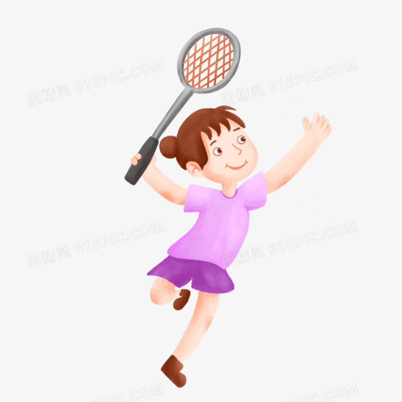 卡通手绘女孩打羽毛球运动素材