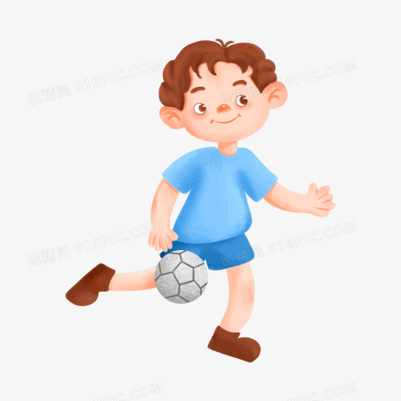 卡通手绘男孩踢足球运动素材