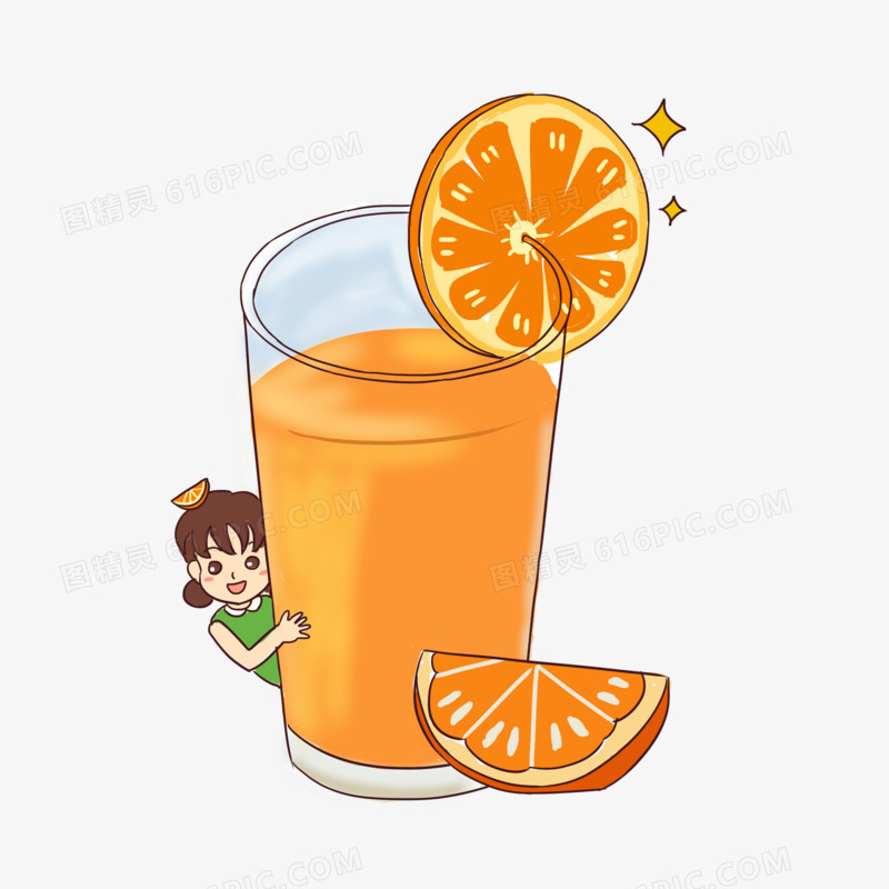手绘卡通夏天橙汁围观插画元素