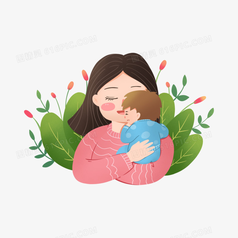 卡通手绘妈妈抱着孩子温馨插画元素