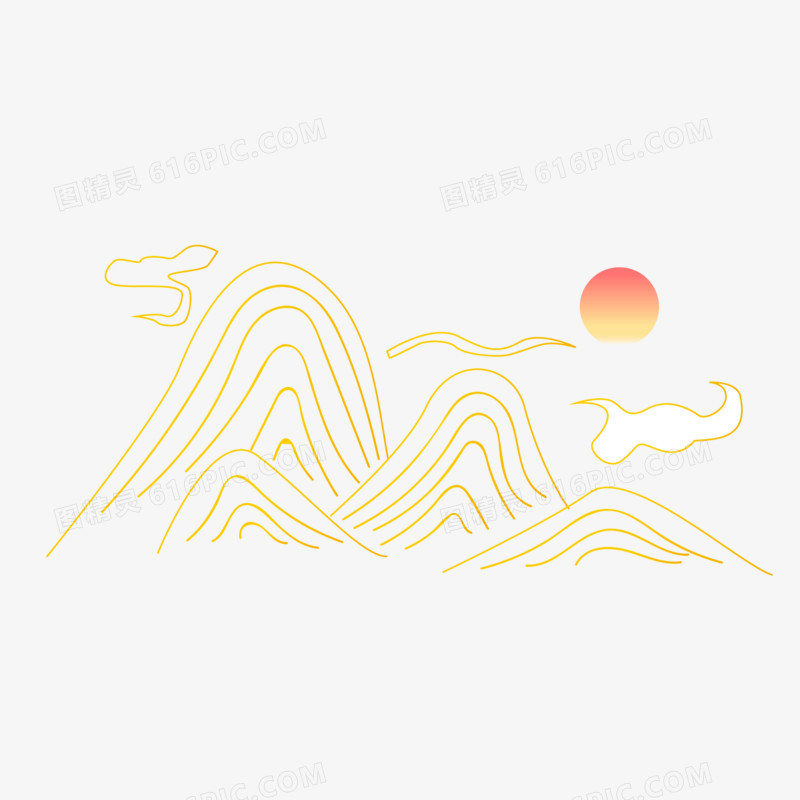 手绘中式金色线条山水免抠素材