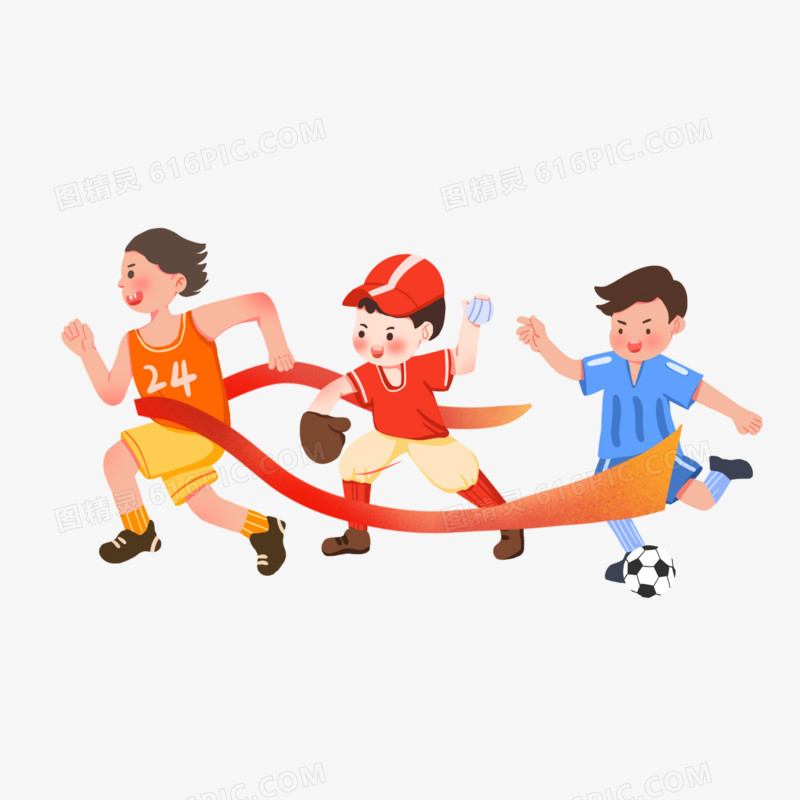 手绘学生运动跑步棒球足球合成插画元素