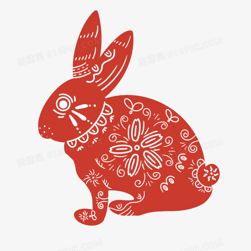 手绘红色剪纸风兔子素材