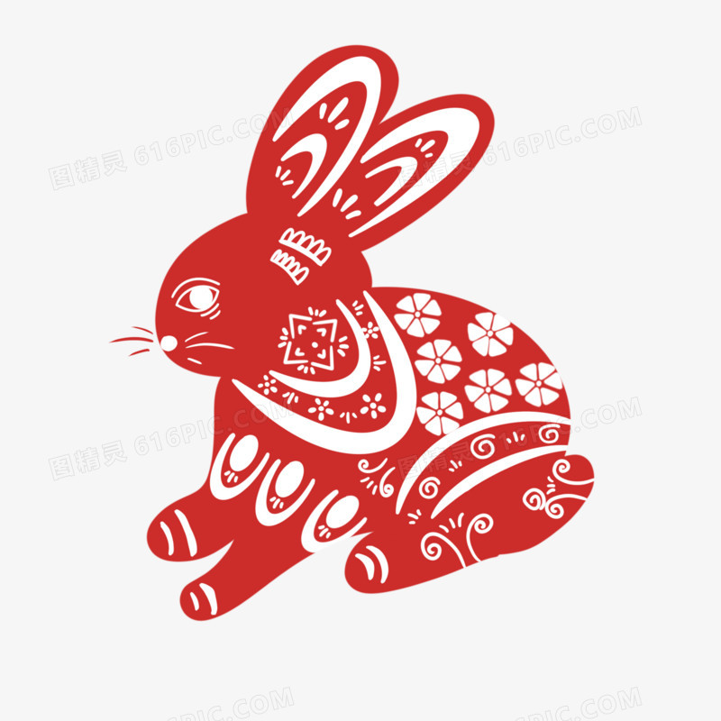 手绘剪纸风中国传统兔子素材