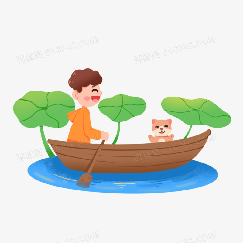 卡通手绘男孩和小狗在荷塘划船免抠元素