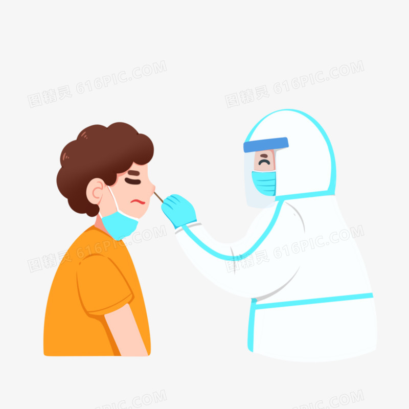 手绘男孩做鼻拭子核酸监测免抠元素