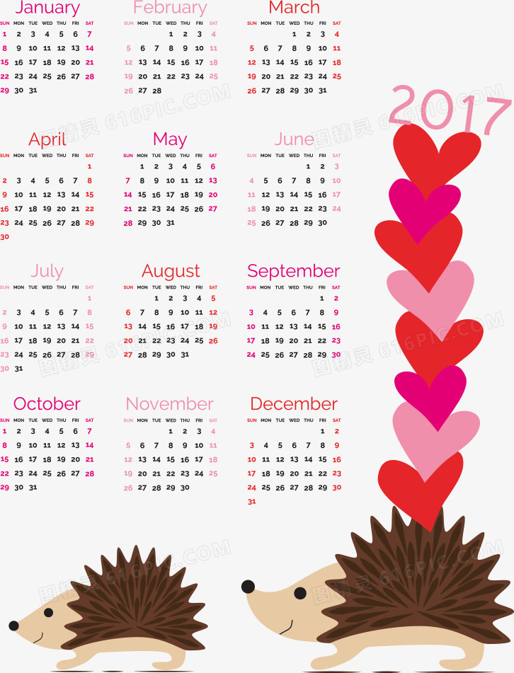 矢量心形刺猬2017年日历