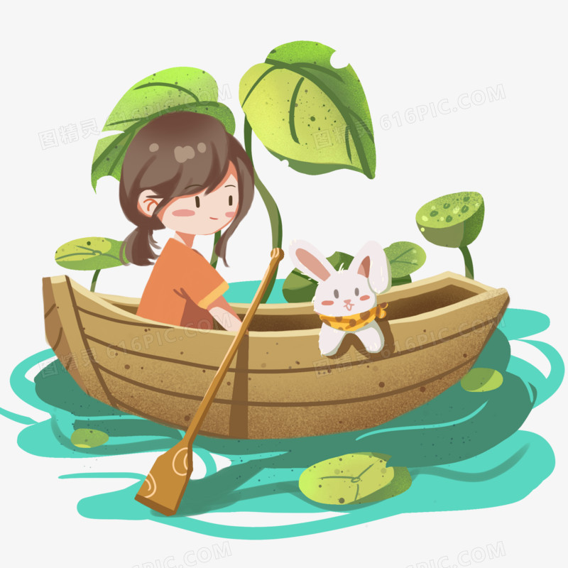 卡通手绘小女孩和兔兔划船免抠元素