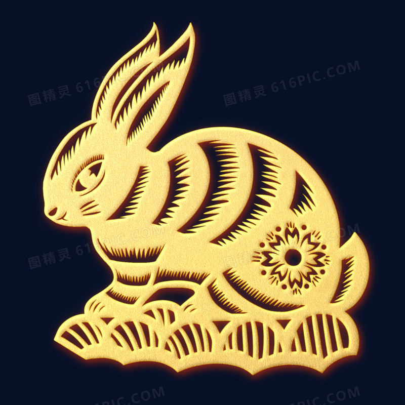 手绘金色浮雕兔子剪纸装饰元素