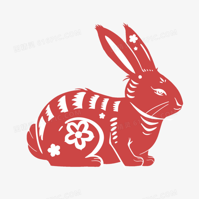 手绘红色兔子剪纸素材