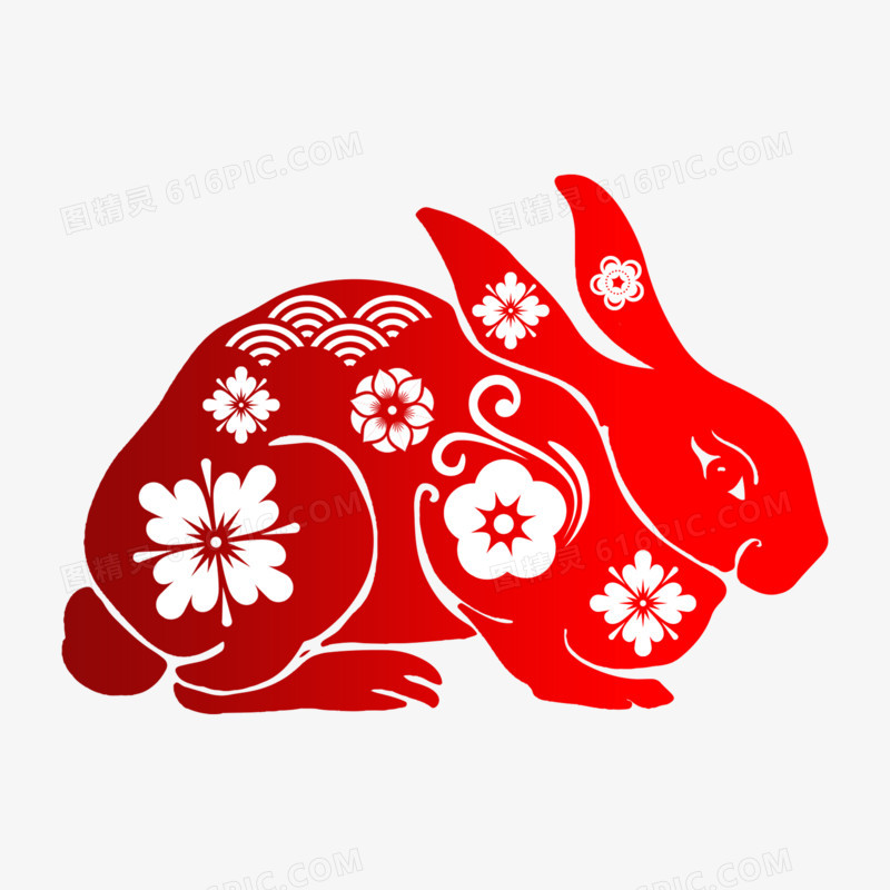 手绘红色渐变中式兔年剪纸素材