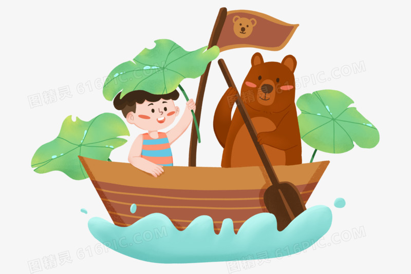 卡通小孩动物创意划船泛舟场景素材