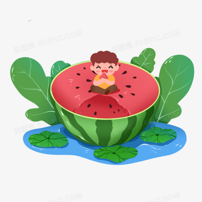 卡通手绘男孩坐在西瓜上吃东西微景观元素