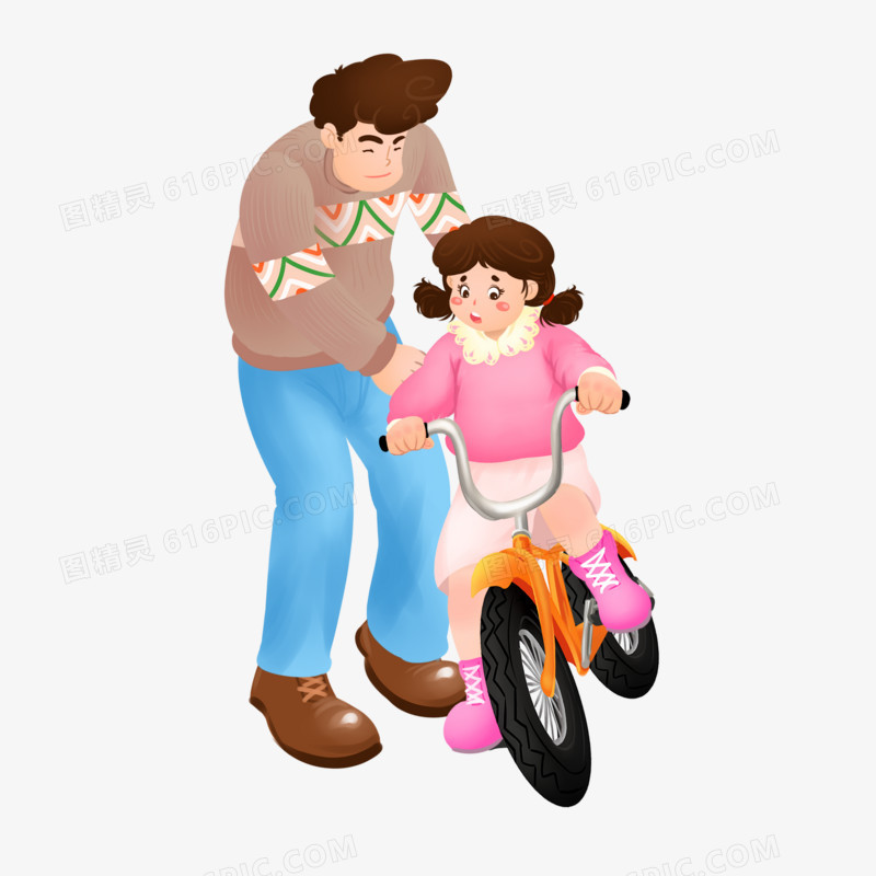 卡通爸爸教女儿骑单车素材