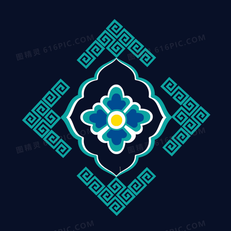 蓝色中国风青花瓷花纹装饰元素