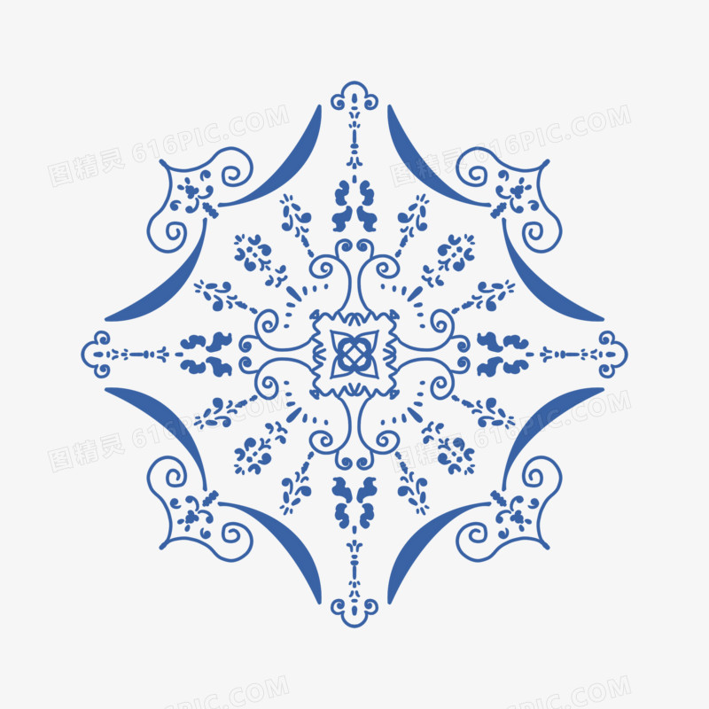 蓝色中国风青花瓷花纹装饰元素