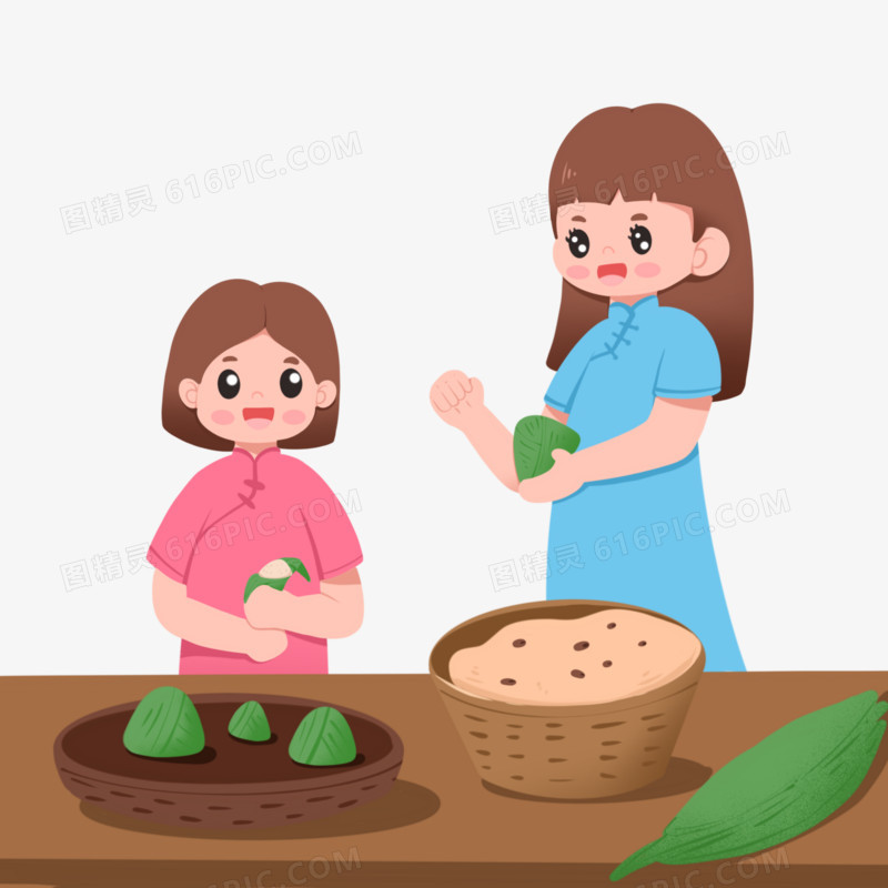 卡通手绘端午节姐妹包粽子免抠元素