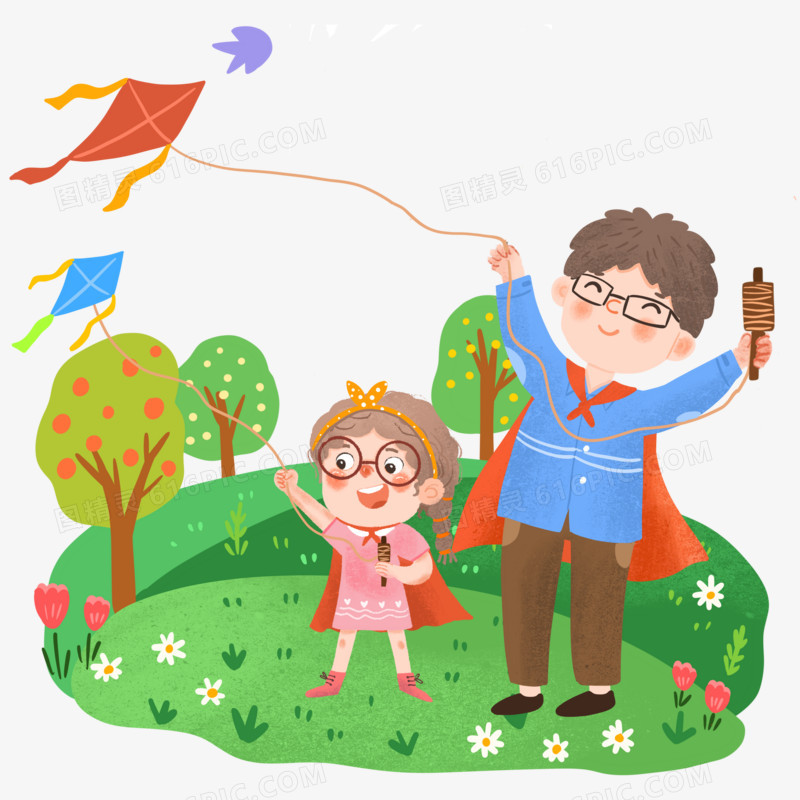 手绘卡通爸爸和女儿放风筝带娃插画免抠元素