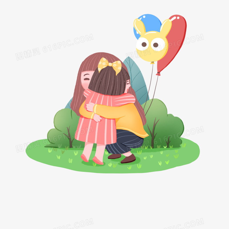手绘卡通女儿抱妈妈免抠人物元素