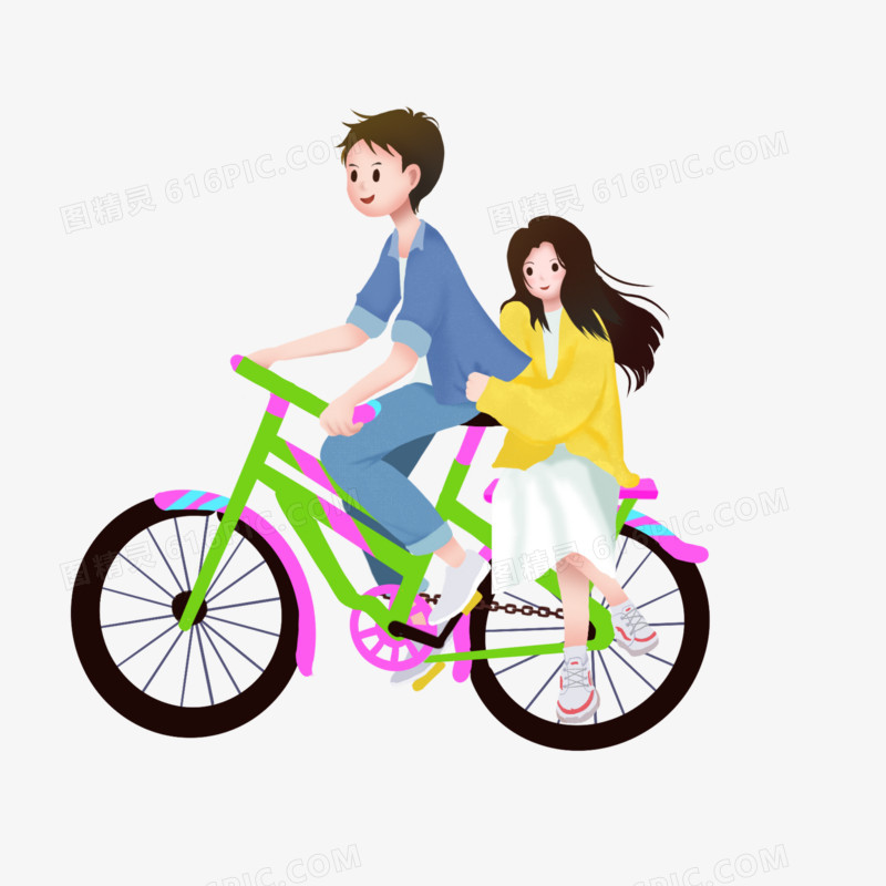 卡通手绘情侣骑车约会素材