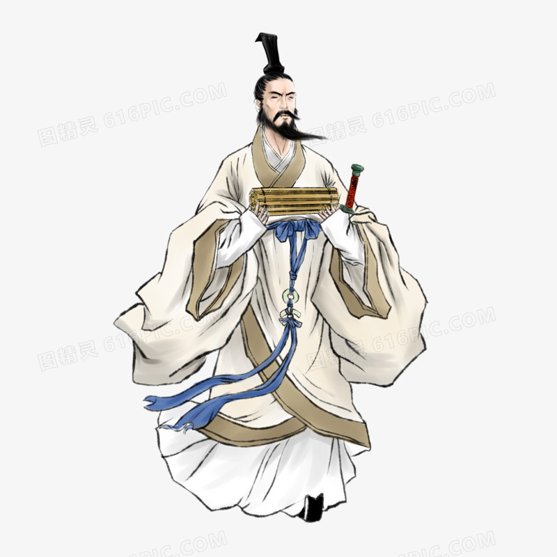 手绘仿国画人物屈原元素